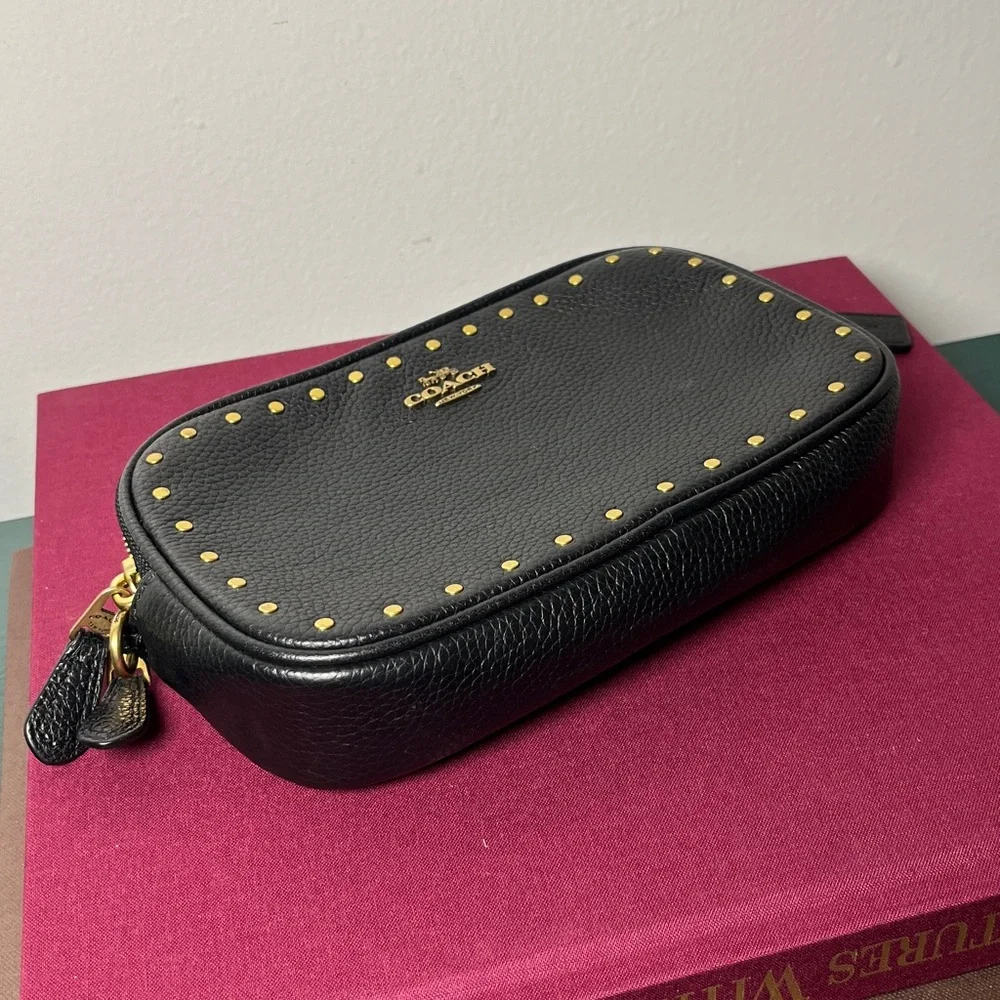 COACH Sadie Border BRDR Rivet Clutch Black Pebble Leather Crossbody *No Strap* - Picture 2 of 15